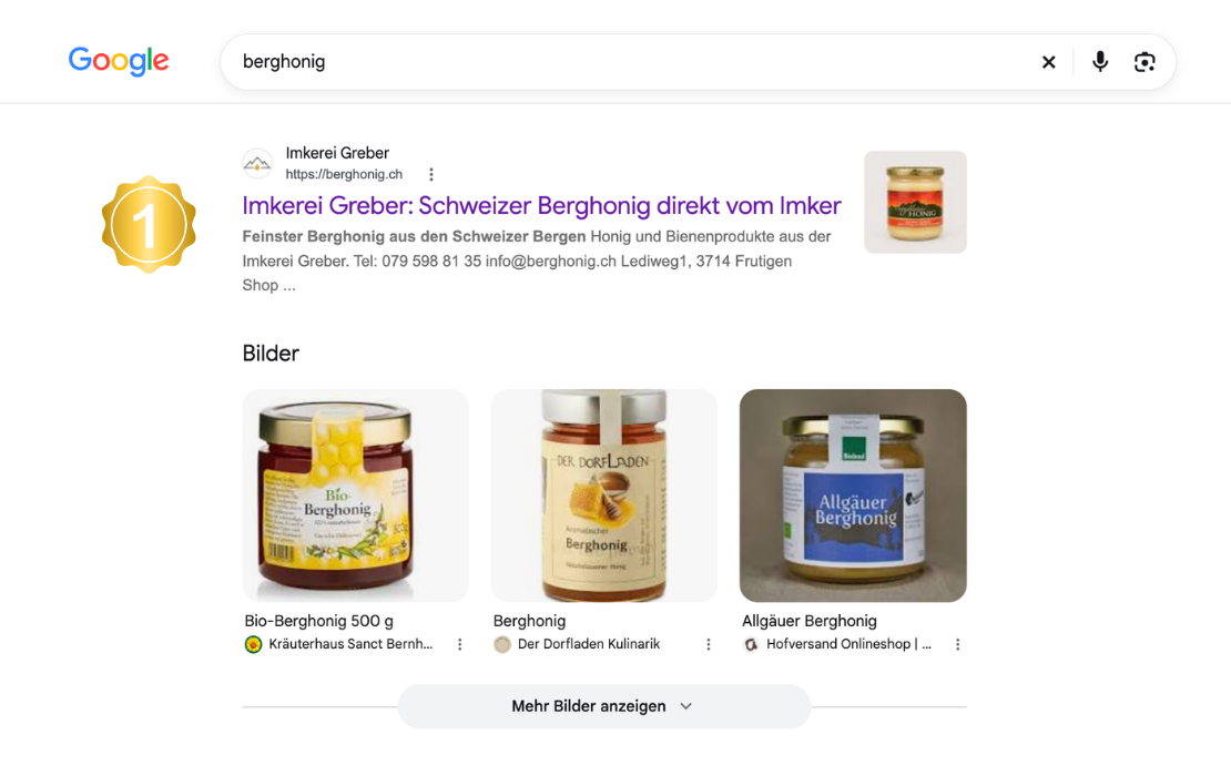 Google-Suchergebnis für berghonig mit berghonig.ch auf Platz 1