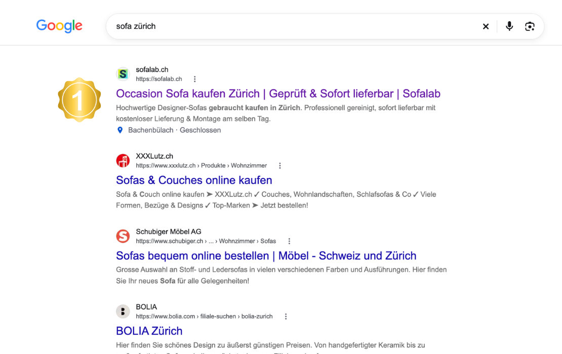 Google-Suchergebnis für sofa zürich mit sofalab.ch auf Platz 1