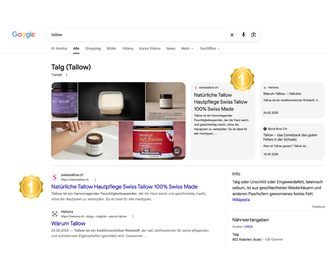 Google-Suchergebnis für tallow mit Swiss Tallow auf den Top-Positionen