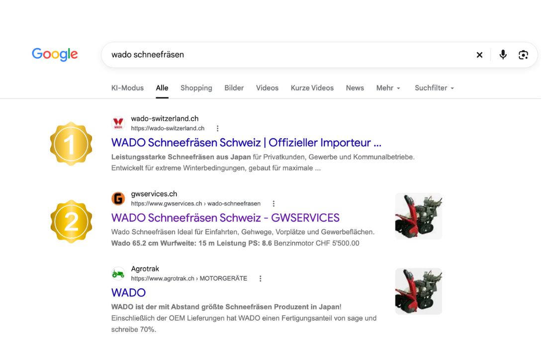 Google-Suchergebnis für wado schneefräsen mit wado-switzerland.ch auf Platz 1